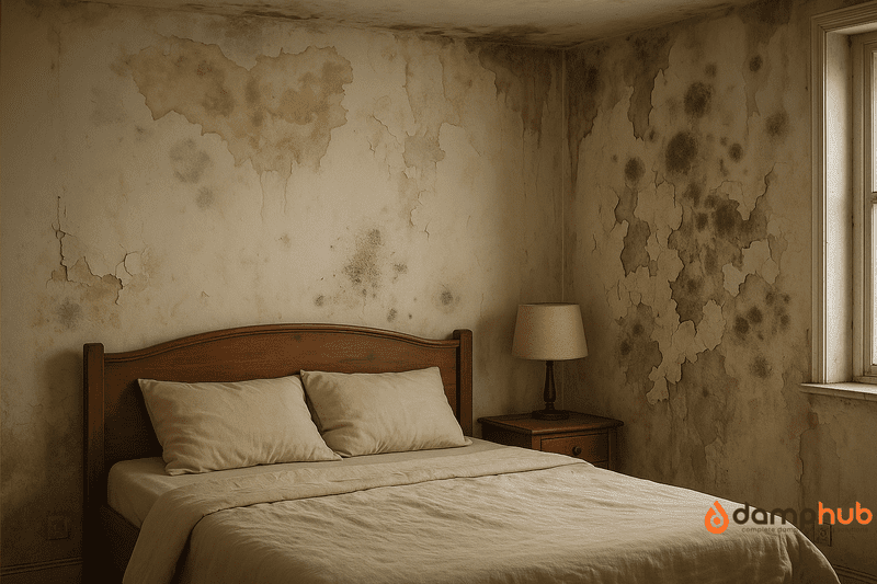 Peeling paint and damage caused by rising damp in a bedroom