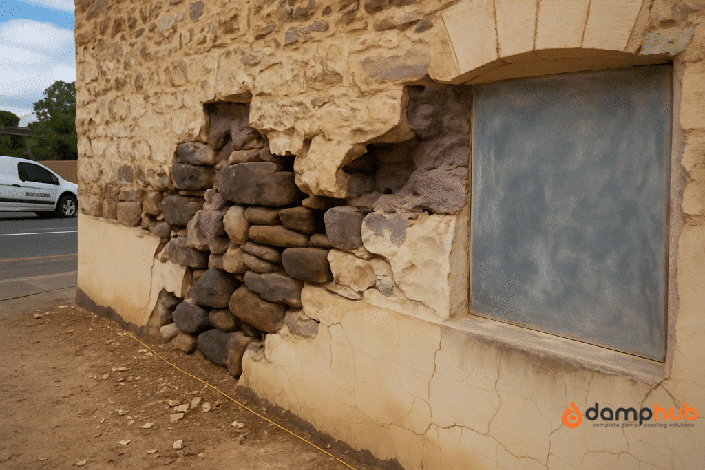 A deteriorating stone wall with exposed masonry and visible structural damage, set along a street with a white van parked in the background. The ground shows scattered debris and signs of erosion near the foundation