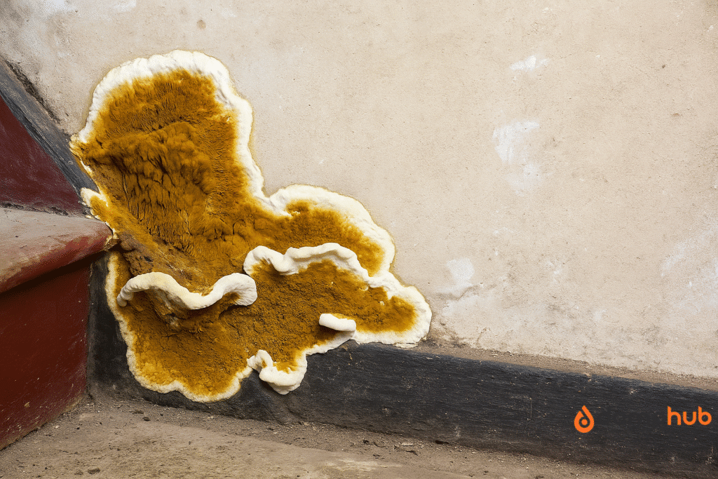 Large dry rot fruiting body with orange-brown centre and white outer edge growing from the base of an interior wall and skirting board.