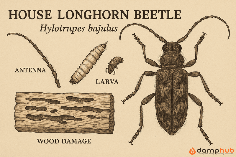 an educational illustration for House Longhorn Beetle (Hylotrupes bajulus)