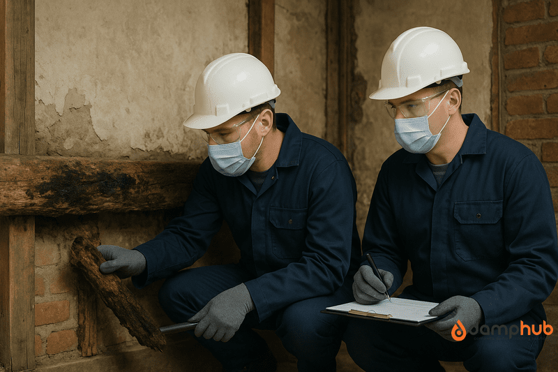 Two damp surveyors in hard hats, face masks, gloves, and navy overalls inspect a rotting timber beam. One uses a moisture meter on the decayed wood; the other records notes on a clipboard. The background shows exposed brick and plaster with visible damp damage, including dark patches and timber decay. The image has ample vertical and horizontal padding for cropping or overlays.