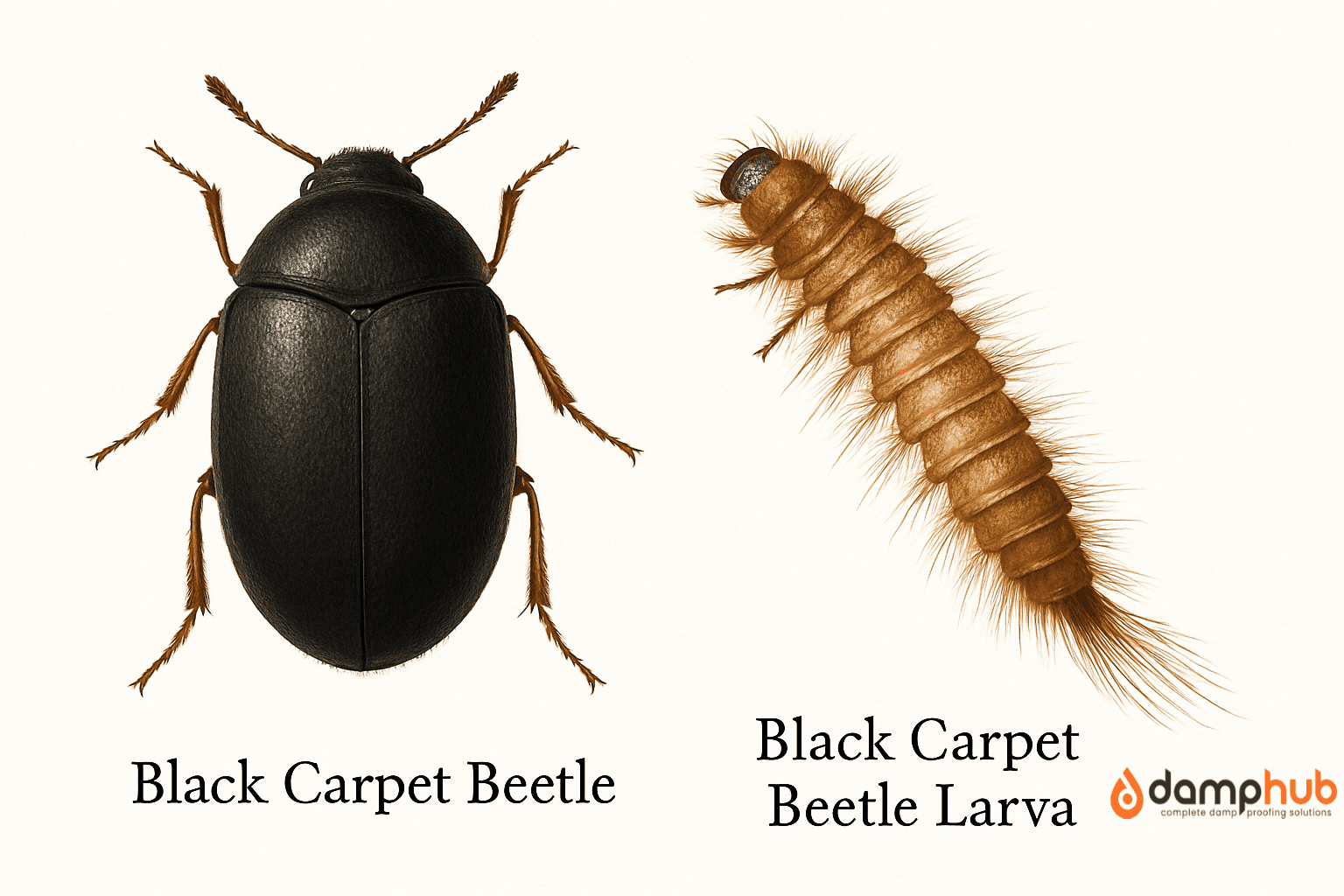 Close-up comparison of an adult black carpet beetle and its larva, showing the smooth black oval-shaped beetle with six legs and antennae, and the brown, hairy, segmented larva. Image labeled with text and DampHub logo
