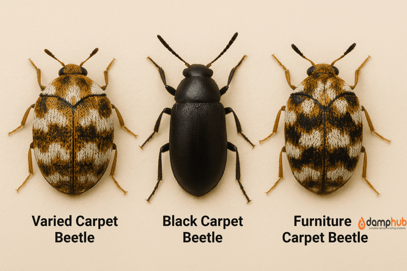 Close-up image showing three types of carpet beetles side by side on a neutral background. From left to right: Varied Carpet Beetle with mottled brown, white, and yellow patterns; Black Carpet Beetle with a smooth, shiny black body; and Furniture Carpet Beetle with a similar mottled pattern but more golden and white. Each beetle is clearly labeled beneath