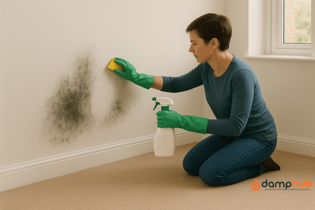 Removing damp and cleaning mould on a wall