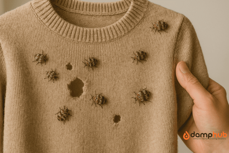 A high-resolution, landscape image of a beige wool sweater with several holes, being held up by a person inspecting the damage. Multiple varied carpet beetles are crawling across the fabric, clearly showing their mottled brown, white, and black patterns.
