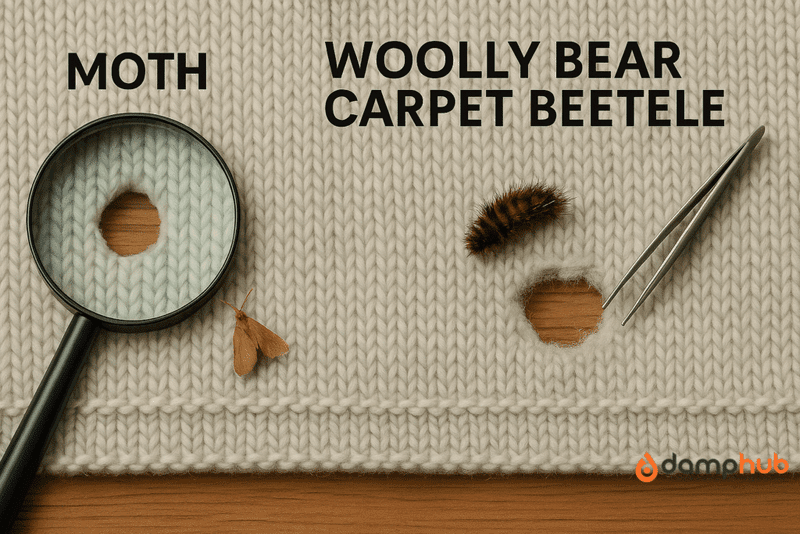 Side-by-side comparison of moth and woolly bear carpet beetle damage on wool fabric. The left shows a moth next to a circular hole under a magnifying glass, while the right shows a woolly bear larva near a frayed hole and a pair of tweezers.