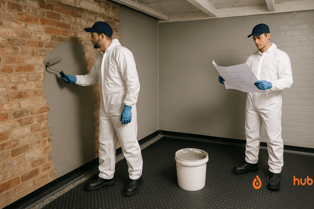 Two professional workers applying tanking slurry in a UK basement with exposed brick walls and damp-proofing materials, showcasing basement waterproofing in progress.