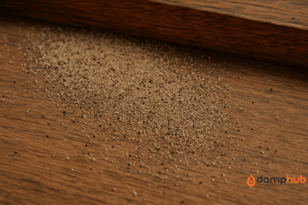 Close-up landscape image of carpet beetle frass scattered on a wooden floor near a skirting board. The gritty, dust-like droppings vary in size and color, resembling sawdust or pepper grains—signs of carpet beetle infestation.
