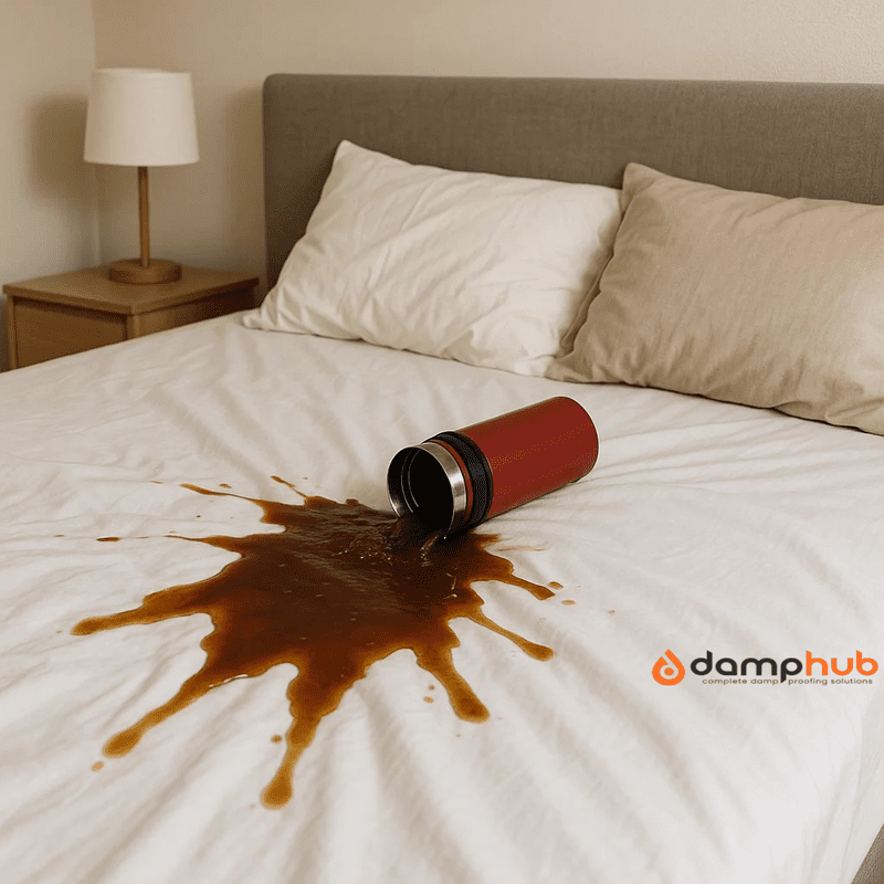 Red travel mug spills dark liquid on white bed