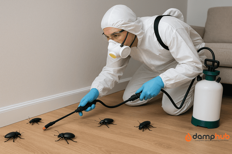A pest control professional in full protective gear, including gloves, goggles, and a respirator, is kneeling on a wooden floor while spraying insecticide near a wall. A few large black beetles are scattered realistically around the baseboard. A beige sofa is partially visible on the right, and the room is well-lit, suggesting a clean domestic interior.