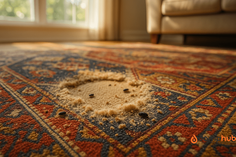 an illustration of carpet beetle damage on flloor mat