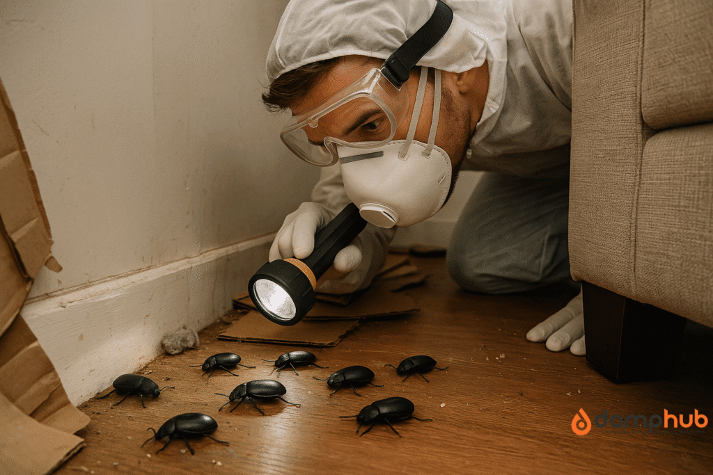 A pest control technician wearing protective gear, including goggles, gloves, and a respirator, crouches in a dusty, cluttered corner of a room. He shines a flashlight on a small group of black beetles scattered on the wooden floor. The area is littered with cardboard pieces, dust balls, and dirt near the baseboard, with the leg of a beige fabric sofa visible on the right side.