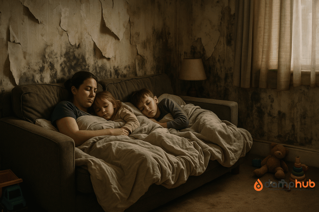 A mother and two young children sleeping on a sofa in a dim, mould-infested living room. The wallpaper is peeling, and black mould covers the walls. The family is wrapped in blankets, displaced from their usual sleeping space. Toys are scattered on the floor, and the atmosphere appears cold, cramped, and unhealthy.