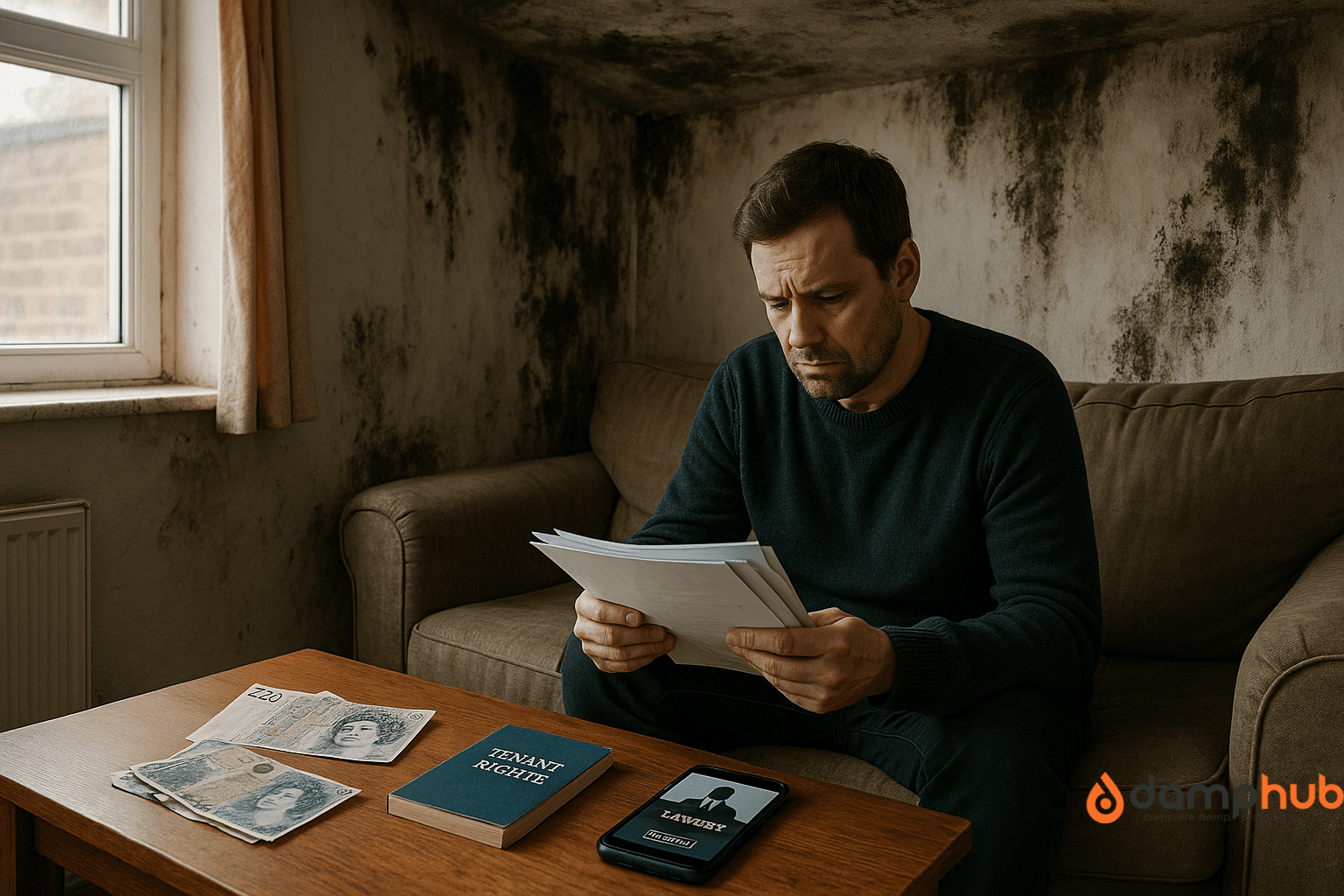 a man in a damp and mould invaded wall. The man is holding documents probably equipping himself with damp and mould issues