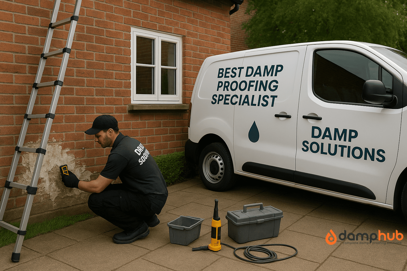 A professional damp proofing specialist inspects a damaged exterior brick wall using a moisture meter. He is wearing branded workwear reading “Damp Solutions.” Beside him are repair tools and equipment. A white company van with the text “Best Damp Proofing Specialist – Damp Solutions” is parked nearby, with a ladder propped against the wall.