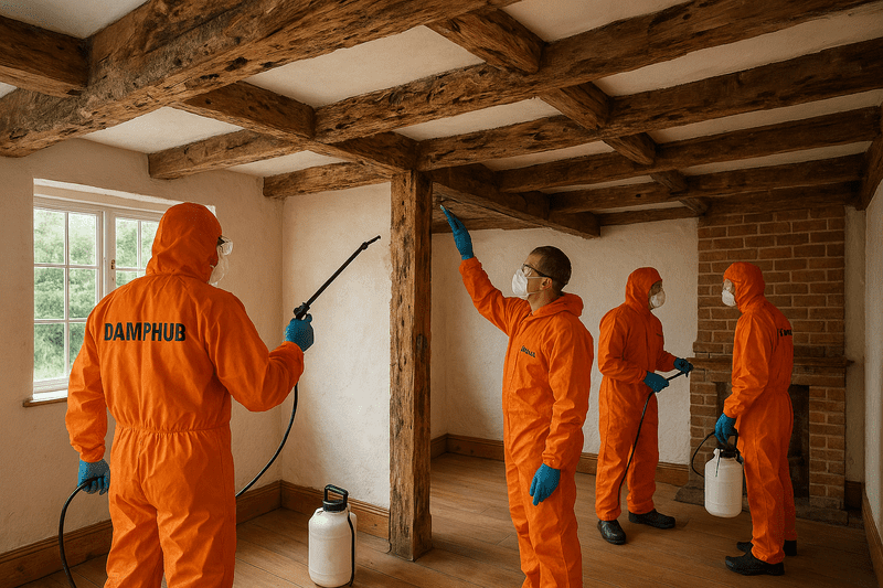 Four DampHub professionals in bright orange PPE with “DAMPHUB” printed on the back treat exposed wooden beams inside a traditional UK home using sprayers and brushes, with natural daylight streaming through a window.