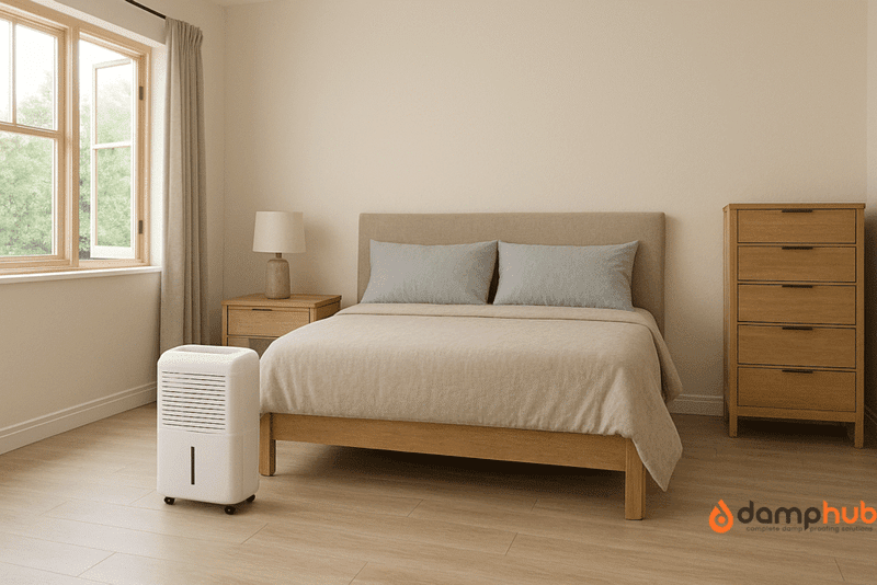 using a dehumidifier and opening windows in a bedroom to let out moistute