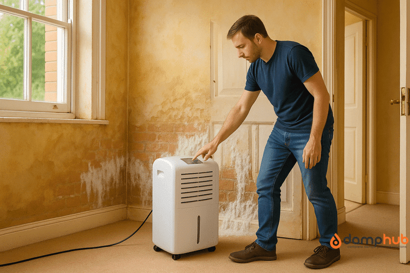 Moisture control for rot prevention: A man in a navy t-shirt and jeans operates a white dehumidifier in a room with yellowed walls showing visible damp and salt deposits near the base. The Damp Hub logo is visible in the bottom right corner.