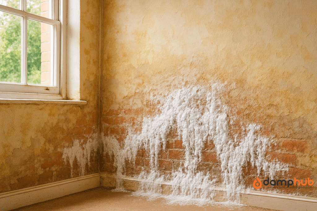 White salt deposits (efflorescence) covering the lower section of an interior wall in a UK home. The wall shows exposed brickwork, damp staining, and flaking plaster near a window.