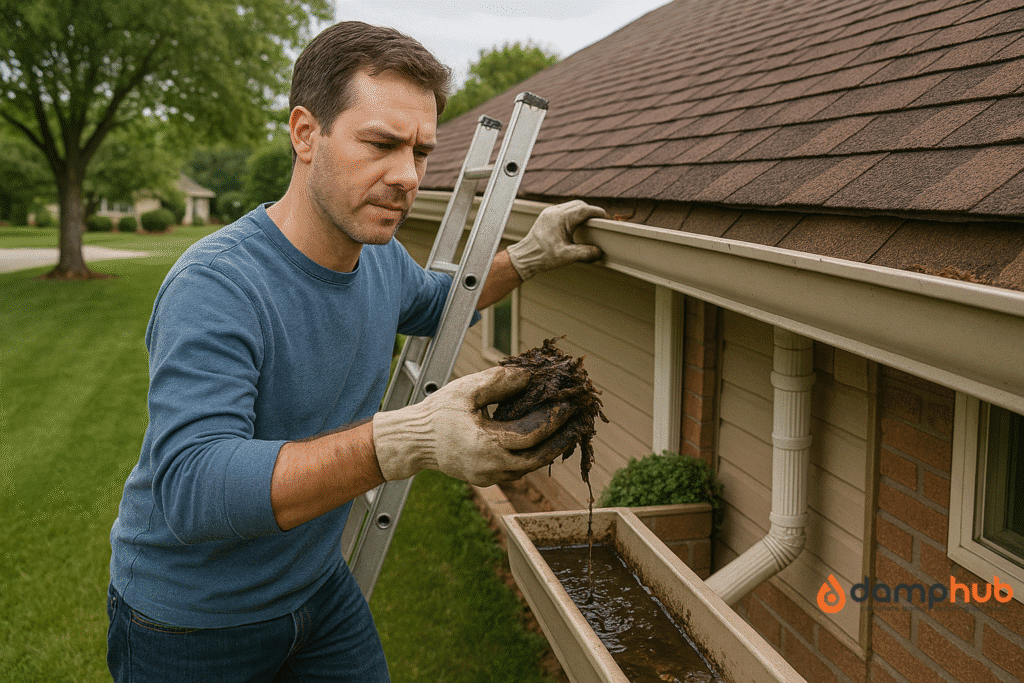 Unclogging the gutter and drain to help stop penetrating damp
