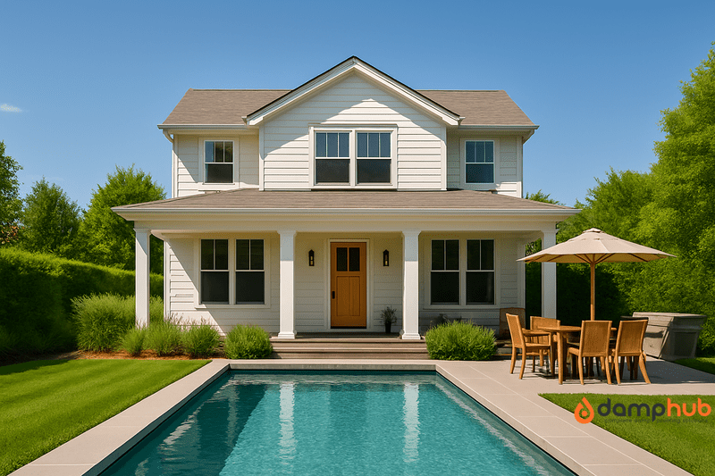 Modern two-story white house with a front porch, pool, and outdoor dining area under a large umbrella, set against a bright blue summer sky with text overlay reading "Boost Home Value With Six Upgrades."