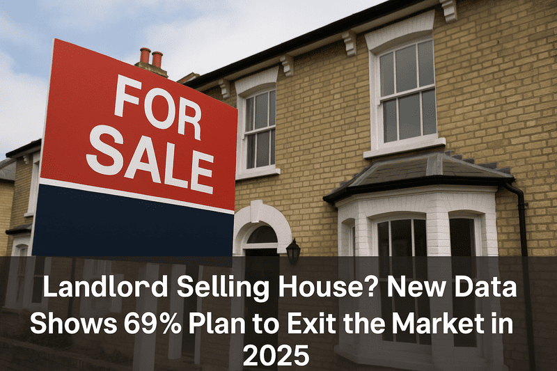 Large "For Sale" sign in front of a traditional brick house, with overlaid text stating, "Landlord Selling House? New Data Shows 69% Plan to Exit the Market in 2025."