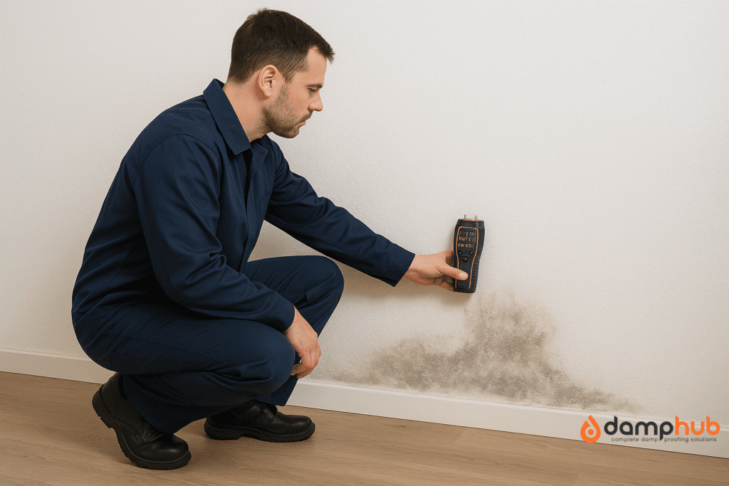 a professional checking wall moisture with moisture meter