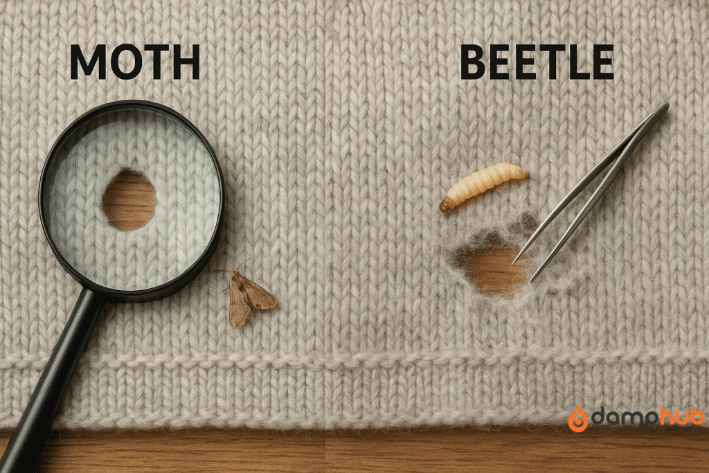 Side-by-side image showing damage caused by moths and beetles on a wool fabric. The left side features a small, clean-edged circular hole with a moth nearby and a magnifying glass highlighting the neatness of the hole. The right side shows a larger, irregular and frayed hole with a beetle larva and a pair of tweezers pointing at the damaged fibres. Both pests are clearly labelled "MOTH" and "BEETLE" above their respective sections.
