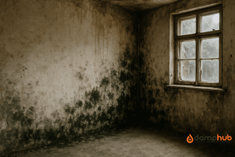 A severely damp and mould-infested room with stained, peeling walls covered in black mould patches. The damage is concentrated near the floor and corner junctions, indicating prolonged rising damp or penetrating damp issues. A single old wooden-framed window lets in faint light, revealing cracked glass and a generally decayed interior. The room is bare, with a concrete floor and visible signs of structural neglect. The bottom right corner displays the "Damp Hub" logo.