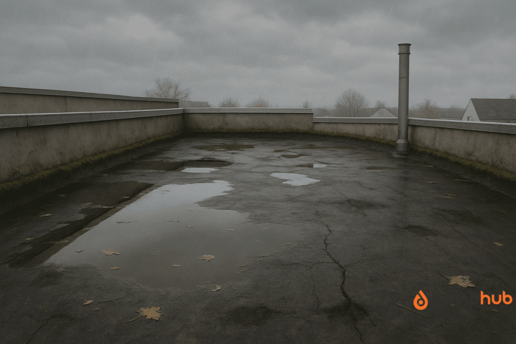 Flat roof on a building during overcast rain, with large puddles of standing water, moss growth along the roof edges, scattered fallen leaves, visible cracks in the worn roofing membrane, and a cloudy grey sky in the background.