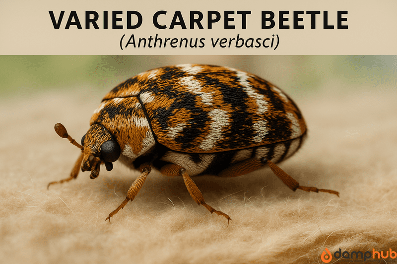 A wide, high-resolution landscape image showing three carpet beetle species side by side: Varied Carpet Beetle (Anthrenus verbasci), Furniture Carpet Beetle (Anthrenus flavipes), and Black Carpet Beetle (Attagenus unicolour), each clearly labelled against a neutral background.
