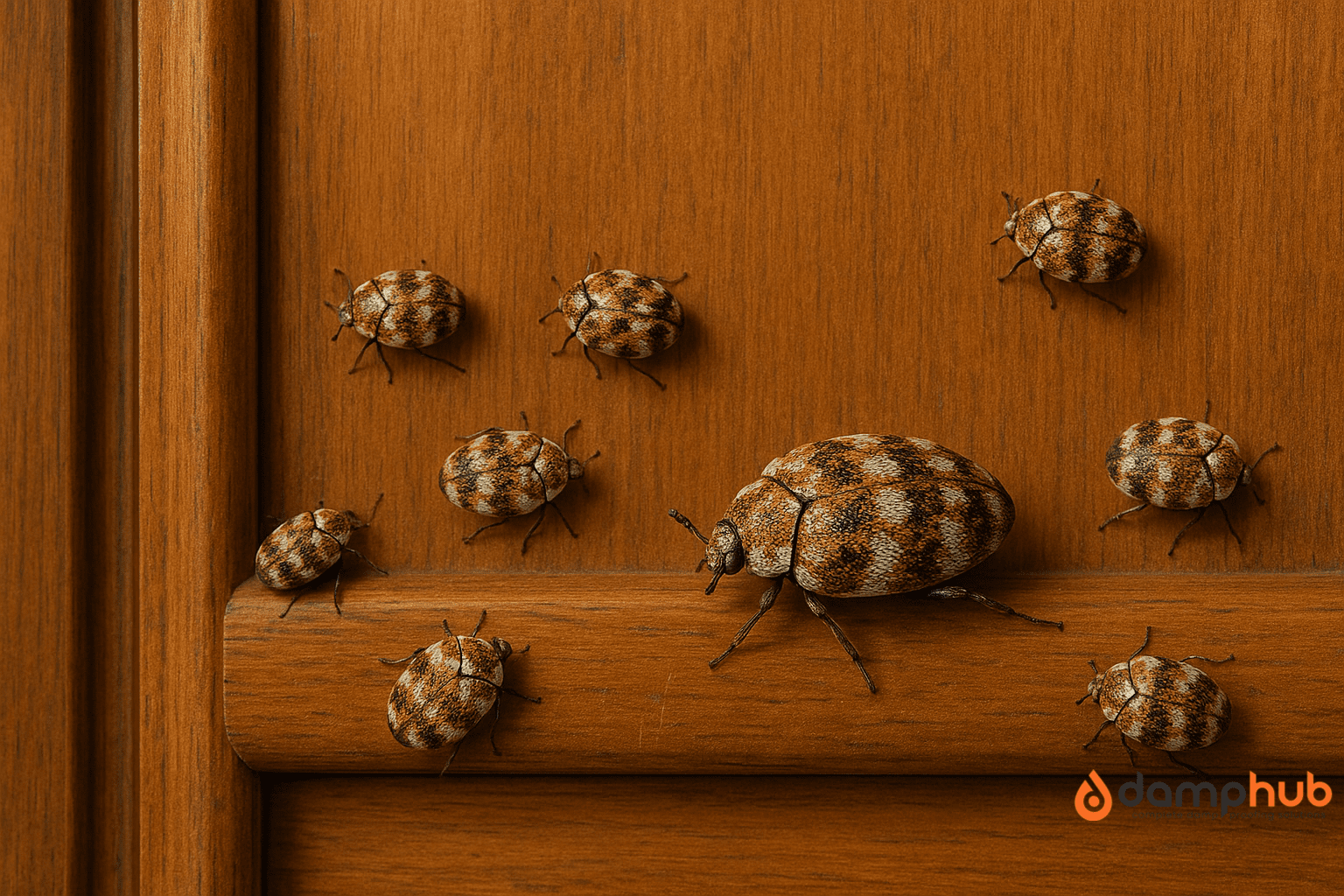 A close-up, landscape image showing several varied carpet beetles crawling across the wooden surface of a wardrobe. The beetles have distinct mottled patterns of brown, white, and black, and the wood grain is clearly visible.