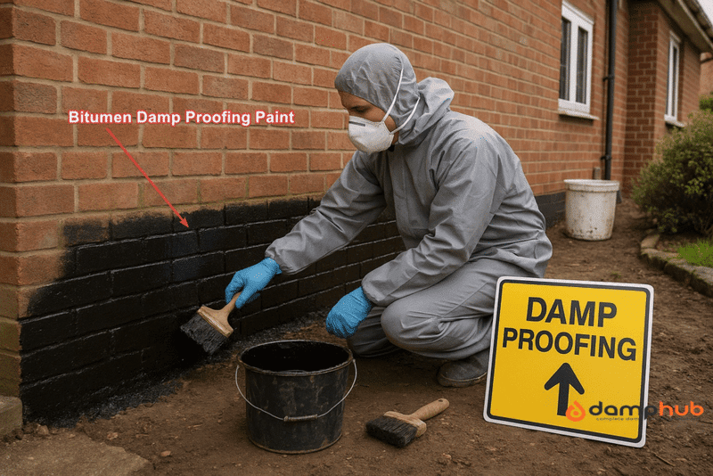 A landscape photograph shows a UK damp proofing contractor in full protective gear—grey overalls, gloves, and a white face mask—crouching next to a red brick wall of a residential home. He applies thick black bitumen paint to the lower part of the wall using a wide brush. A black bucket and extra brush sit on the exposed soil, and a bright yellow “DAMP PROOFING” sign is positioned nearby. The scene is outdoors under an overcast sky, with the house extending into the background and a garden area on the right.