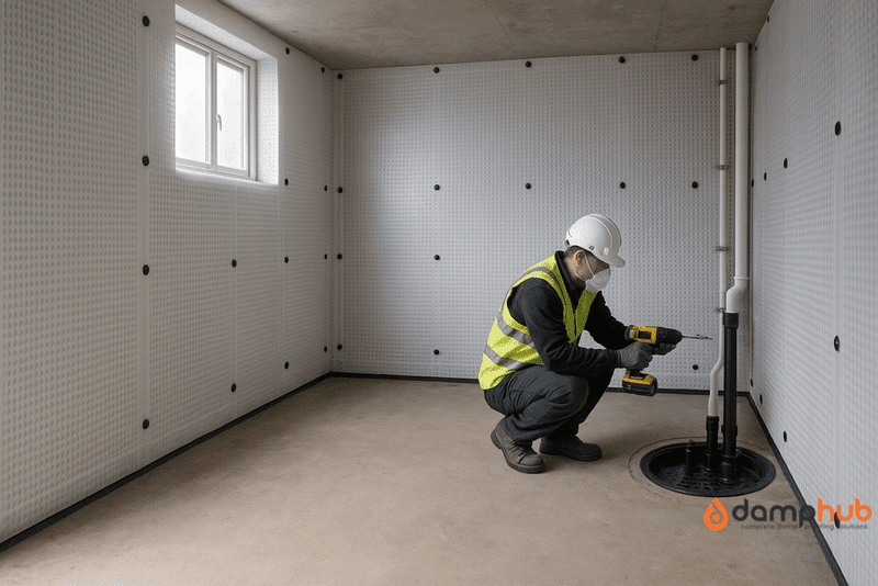 A basement under renovation shows a worker in PPE installing a white dimpled cavity drain membrane on the walls using sealed plugs and a power drill. The floor is bare concrete, and a sump pump system is visible in the corner. Soft daylight enters through a small basement window, creating a clean and technical atmosphere in a UK setting.