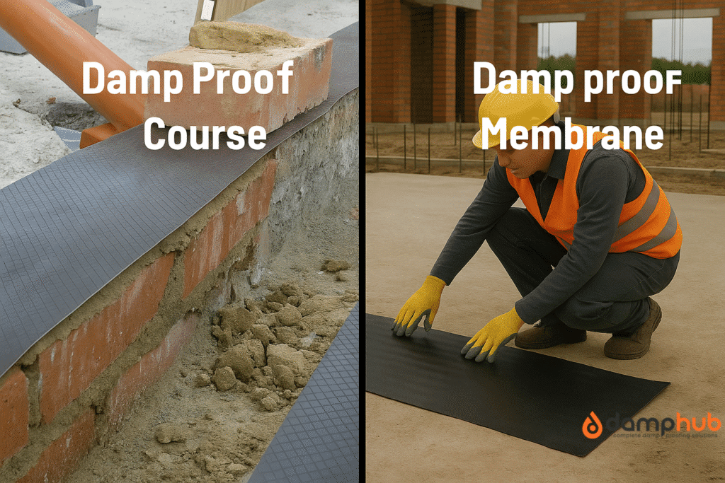 A side-by-side comparison image showing two damp proofing methods. The left half displays a damp proof course (DPC) installation with black material laid between layers of red bricks. The right half shows two construction workers in safety gear rolling out a black damp proof membrane (DPM) on a concrete surface at a building site. Each side is clearly labeled at the center with "Damp Proof Course" and "Damp Proof Membrane" respectively.