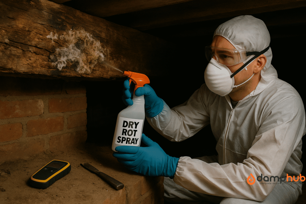Dry rot repair cost: A man in full gear treating dry rot lifecycle with dry rot spray