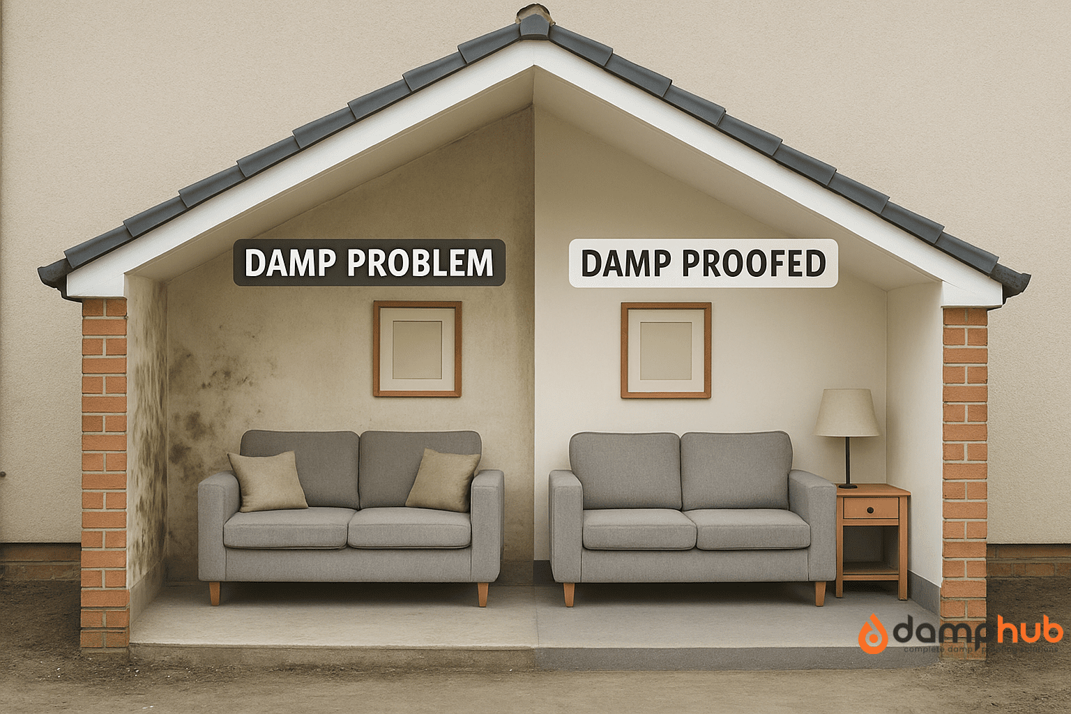 A realistic side-by-side comparison of a gable-roofed house interior. The left half shows a damp problem with moldy, stained walls and a dirty concrete floor. The right half displays a clean, damp-proofed room with white walls, a tidy concrete floor, a modern sofa, and a side table with a lamp—highlighting the transformation after effective damp proofing.