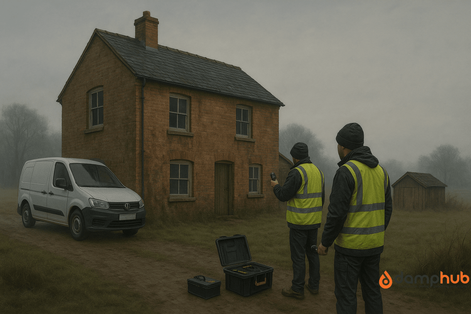 Surveyor conducting a damp and timber report on an old countryside brick house with visible damp patches, moss growth, and a decaying timber shed under an overcast sky.