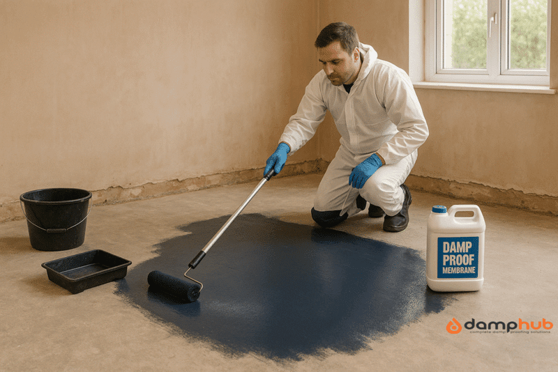 A professional UK damp proofing contractor wearing white protective overalls, gloves, and kneepads applies a thick dark blue liquid damp proof membrane to a concrete subfloor using a long-handled roller. The room is under renovation with bare plastered walls, removed skirting boards, and natural daylight streaming through a window. Nearby are black plastic buckets, a paint tray, and a clearly labeled container reading "DAMP PROOF MEMBRANE." The glossy wet membrane reflects the soft light, highlighting the work in progress.