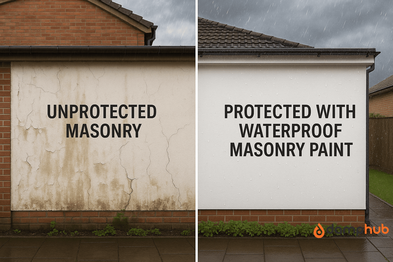 A realistic, side-by-side comparison of a UK house exterior wall in rainy weather. The left side is labeled "UNPROTECTED MASONRY" and shows a damaged wall with cracks, peeling paint, water stains, and moss. The right side is labeled "PROTECTED WITH WATERPROOF MASONRY PAINT" and displays a clean, bright wall with water beading off the surface. Both walls are part of similar red-brick houses, and the scene includes a wet pavement and cloudy sky, highlighting the contrast between neglected and protected masonry.