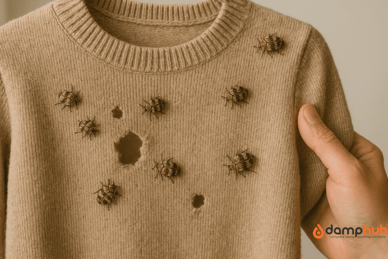 A close-up of a beige wool sweater with several large holes and multiple carpet beetles crawling on the fabric. A hand is holding one side of the jumper. The image highlights visible textile damage caused by the beetles. The DampHub logo is visible in the bottom right corner.