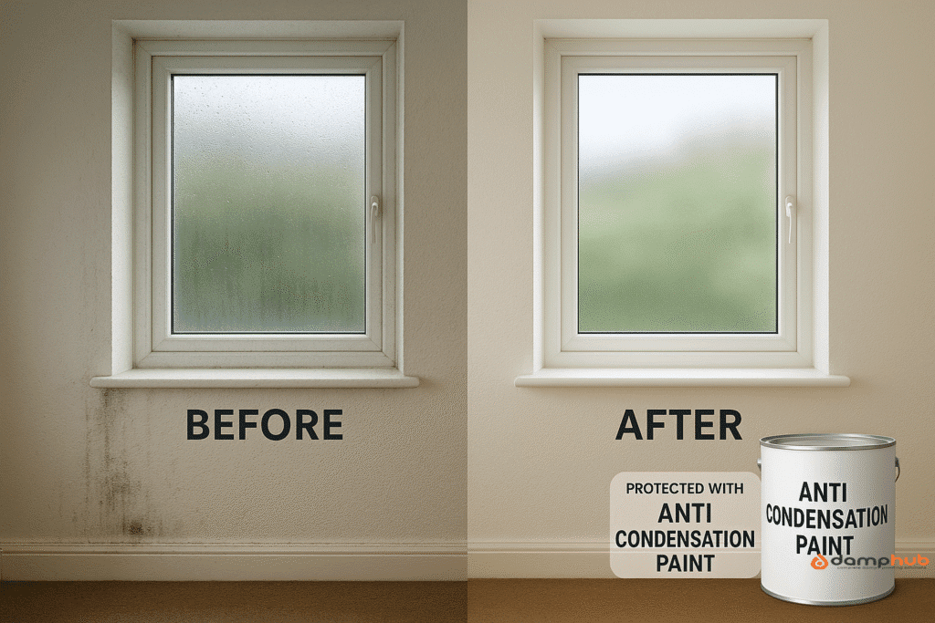 Side-by-side comparison image of a UK interior wall. The left side shows a damp wall with condensation, black mould stains, and a foggy window, labelled “Before.” The right side shows the same wall looking dry, clean, and freshly painted, with a clear window and warmer lighting, labelled “After.” A paint tin and label reading “Protected with Anti Condensation Paint” appear below the window on the right.
