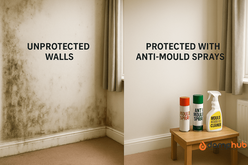A realistic, side-by-side comparison image of a UK interior wall in a bedroom or lounge. The left side is labeled "UNPROTECTED WALLS" and shows heavy mould with black and green patches along the skirting and corners. The right side is labeled "PROTECTED WITH ANTI-MOULD SPRAYS" and features a clean, freshly painted wall with no signs of mould. On a small wooden table in the protected room corner, there are three clearly labeled mould spray bottles. Lighting and angle are consistent on both sides to highlight the contrast.