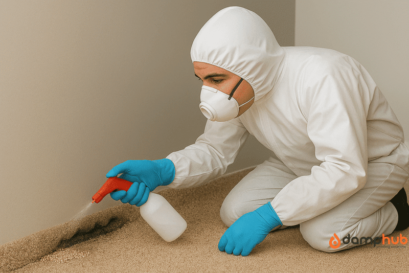 A pest control professional in full protective gear, including gloves, goggles, and a respirator, is kneeling on a floor while spraying insecticide near a wall.