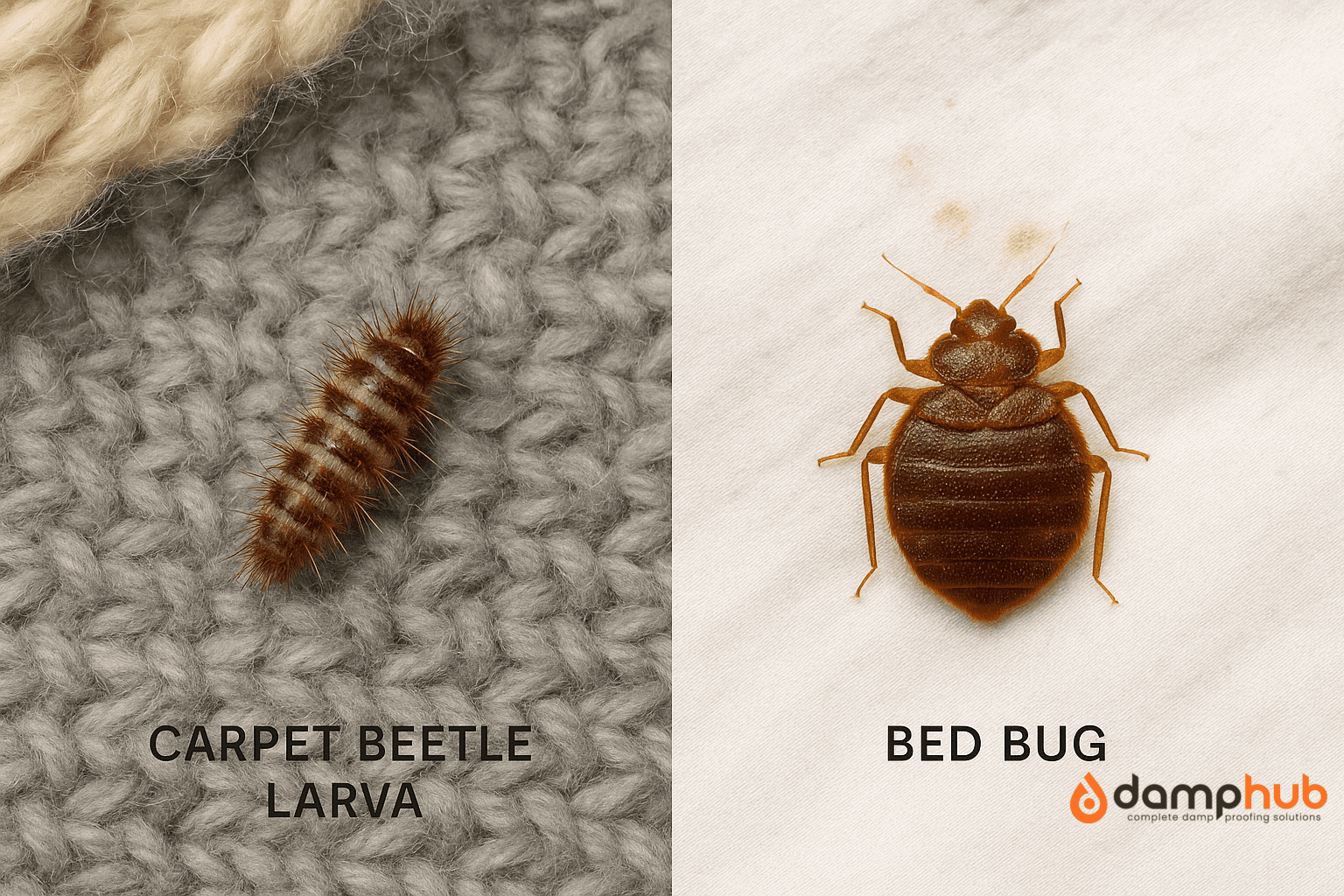Side-by-side comparison of a carpet beetle larva and a bed bug. The larva is small, striped, and covered in bristly hairs, shown near wool fibres. The bed bug is flat, reddish-brown, and oval-shaped, lying next to a white bedsheet with faint blood spots. Neutral background with clear, realistic detail.