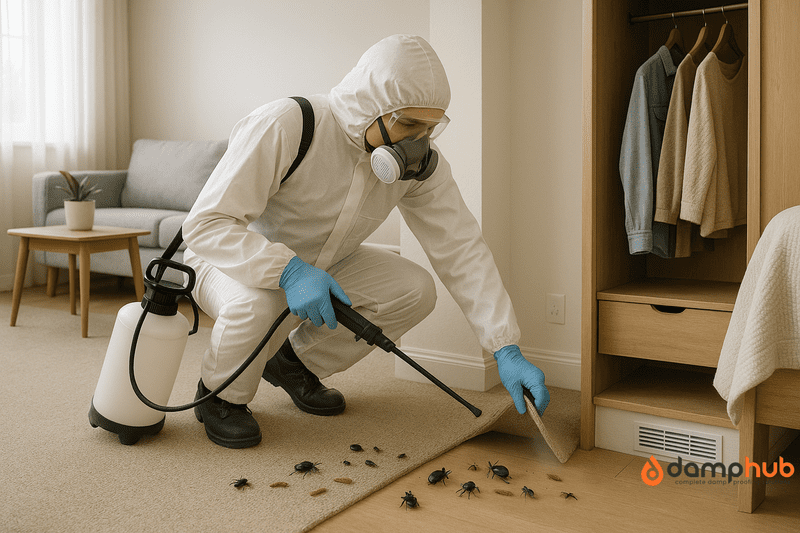A professional carpet beetle treatment expert in full protective gear, including a white coverall suit, gloves, and a respirator mask, treats a modern home's carpeted floor using a chemical sprayer. The technician is lifting the edge of a beige carpet near an open wardrobe and air vent, revealing several carpet beetles, larvae, and shed skins beneath. The room is clean and brightly lit with natural light, featuring tidy furniture like a sofa, wooden coffee table, and hanging clothes, creating a realistic and trustworthy treatment scene.