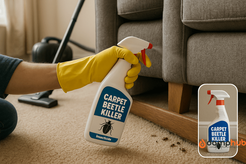 A person wearing yellow rubber gloves is spraying insecticide labelled "Carpet Beetle Killer" into a dark crevice near the baseboard and sofa leg in a UK living room. Visible carpet beetles and larvae are near the skirting board, and a vacuum cleaner sits nearby on the carpeted floor. Natural light fills the tidy room.