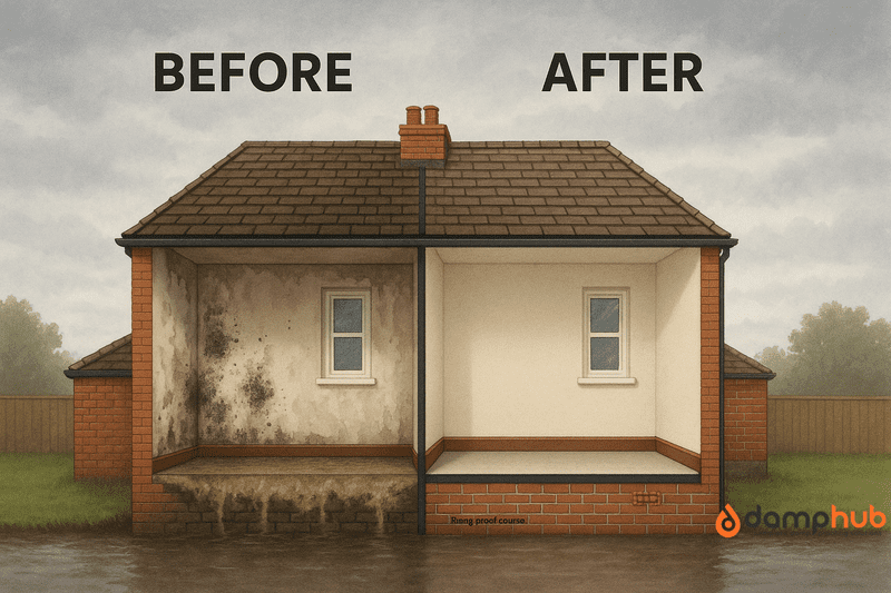 Split cross-section illustration of a UK-style brick house showing damp issues before and after treatment. The left side (Before) has black mould, stained walls, and visible rising damp with a damaged skirting board. The right side (After) displays a clean, dry interior with intact plaster and skirting. A clearly marked ‘Rising proof course’ is embedded in the external brickwork above ground level, preventing moisture ingress.