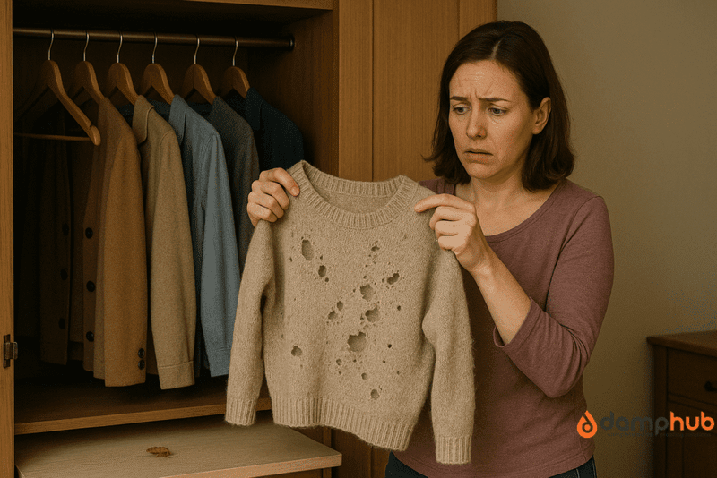 A woman in her mid-30s stands beside an open wooden wardrobe, holding up a beige wool jumper with numerous holes and frayed patches caused by carpet beetle larvae. She looks visibly worried as she inspects the damage. Inside the wardrobe, neatly hung clothes are visible, and a small larva crawls on the wardrobe shelf below. The room is softly lit with warm, natural lighting.