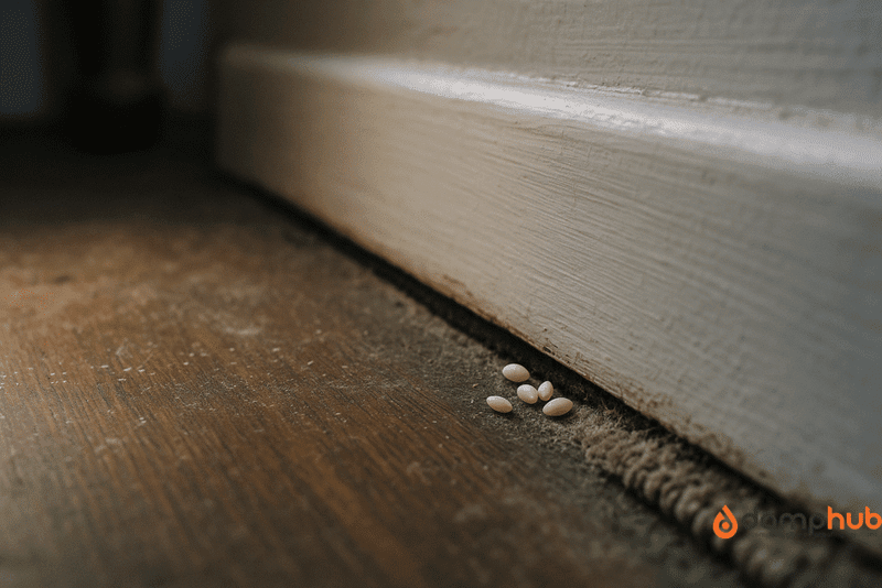 Close-up of carpet beetle eggs nestled in a dusty crack between a wooden floor and a white skirting board inside a UK home.